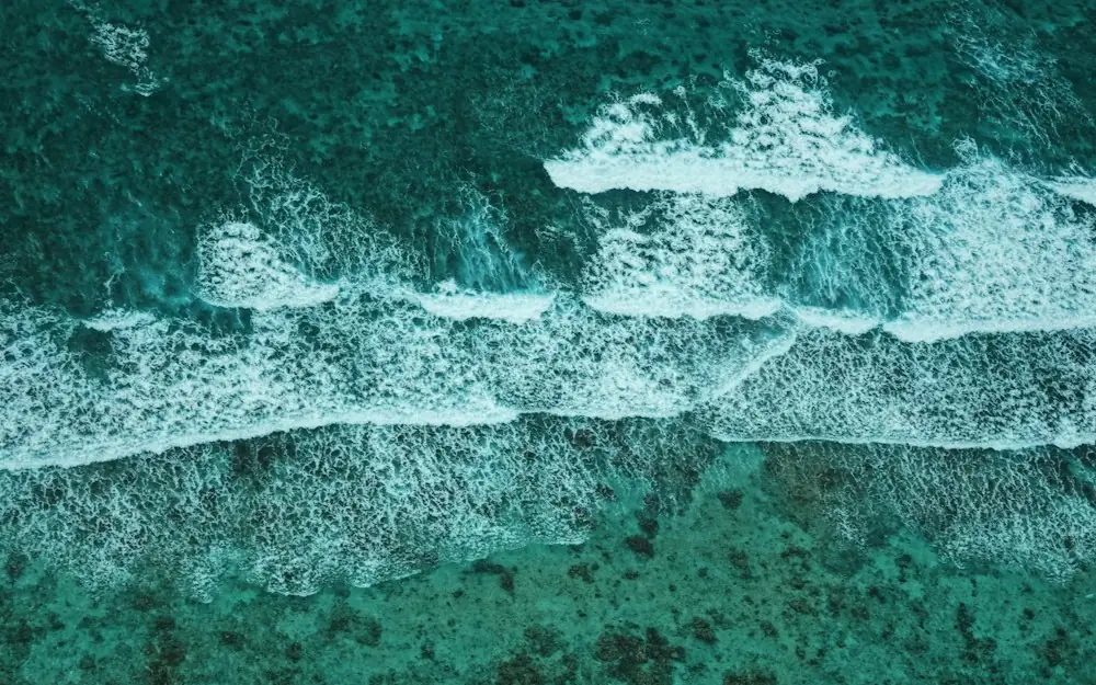 An aerial view of the ocean with waves