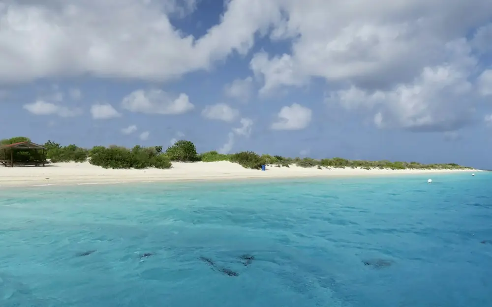 a beach with a house on it and blue water