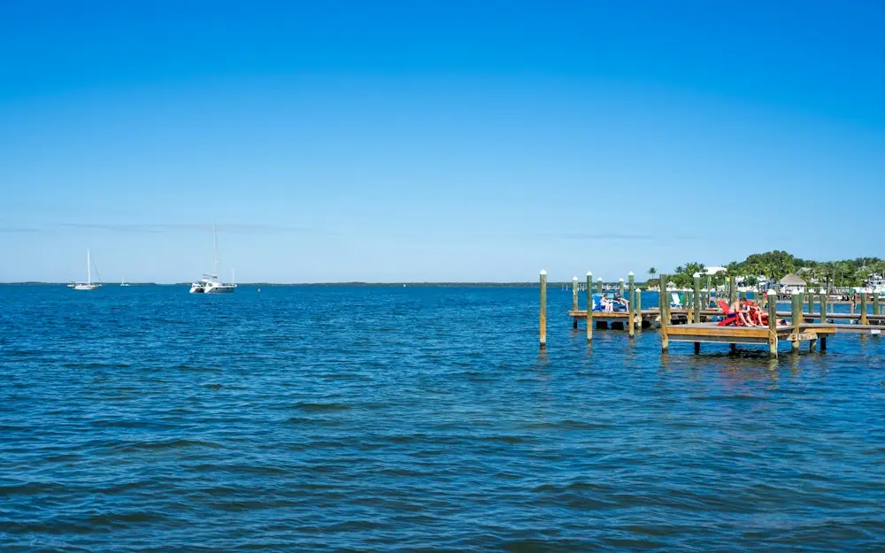 a group of people sitting on a dock in the water